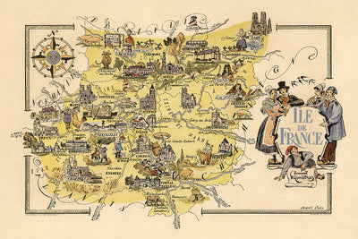 Old Pictorial Map of Ile de France by Liozu, 1951: Paris, Versailles, Notre-Dame, Fontainebleau, Chartres