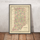 Mappa antica dell'Indiana di J.H. Colton, 1855: Indianapolis, Fort Wayne, New Albany, Terre Haute, Lafayette 