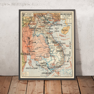 Antiguo mapa del Sudeste Asiático por Vidal de La Blache, 1897: Hanoi, Bangkok, río Mekong, Canal de Suez, Indochina francesa