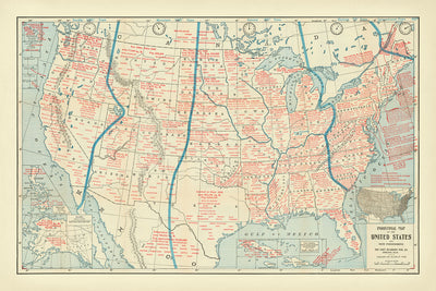 Alte Infografik der USA und der Philippinen, 1901: Zeitzonen, Wirtschaftsgüter, territoriales Wachstum