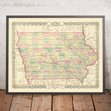 Old map of Iowa by J. H. Colton, 1856: Des Moines, Iowa City, Dubuque, Davenport, Burlington
