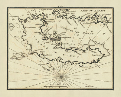 Carta náutica antigua de Corfú y la costa albanesa de Heather, 1802: Fuerte St. Stephen, Port Cavagol, influencia veneciana