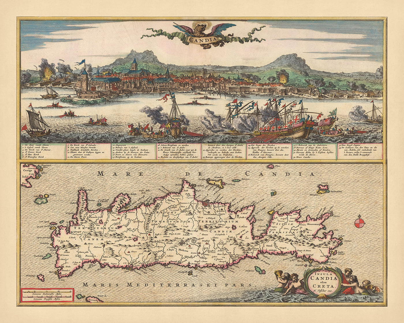 Ancienne carte de Crète par Visscher, 1690 : La Canée, Héraklion, Agios Nikolaos, Réthymnon, Montagnes Blanches