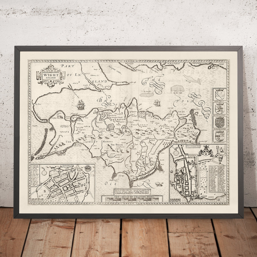 Alte monochrome Karte der Isle of Wight, 1611 von John Speed - Newport, Ride, Cowes, Sandown, Shanklin, Southampton 