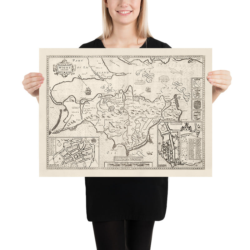 Alte monochrome Karte der Isle of Wight, 1611 von John Speed - Newport, Ride, Cowes, Sandown, Shanklin, Southampton 