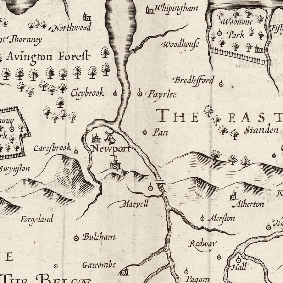 Alte monochrome Karte der Isle of Wight, 1611 von John Speed - Newport, Ride, Cowes, Sandown, Shanklin, Southampton 