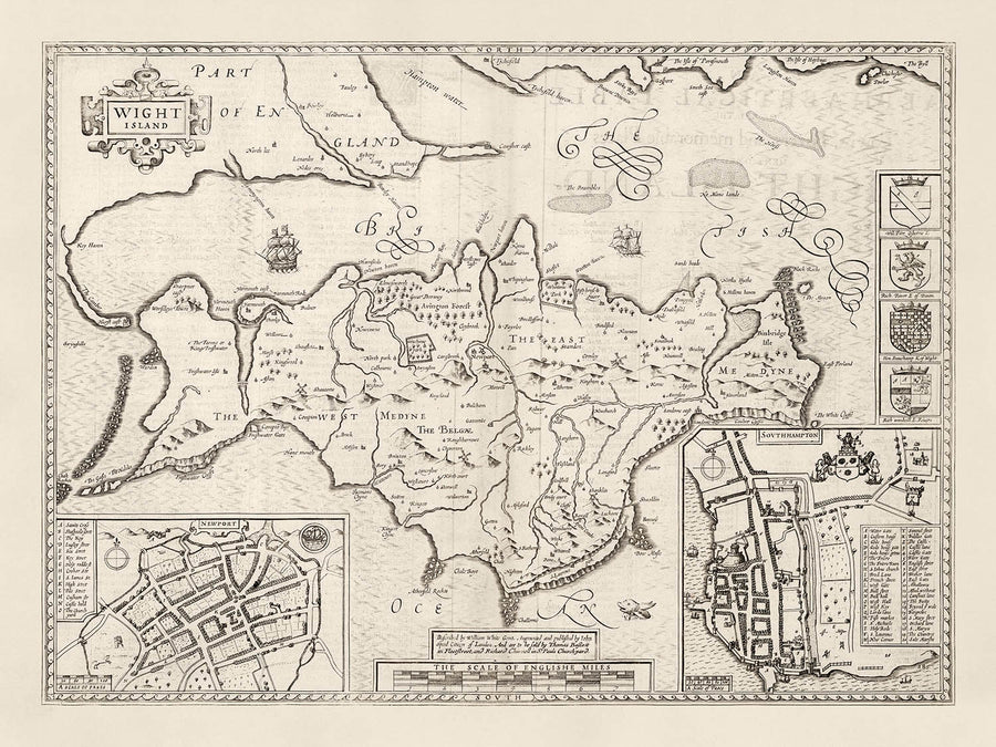 Alte monochrome Karte der Isle of Wight, 1611 von John Speed - Newport, Ride, Cowes, Sandown, Shanklin, Southampton 