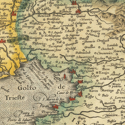 Ancienne carte de la Slovénie, de la Croatie et de l'Italie par Mercator, 1619 : Ljubljana, Trieste, Istrie, Karst, Golfe de Venise