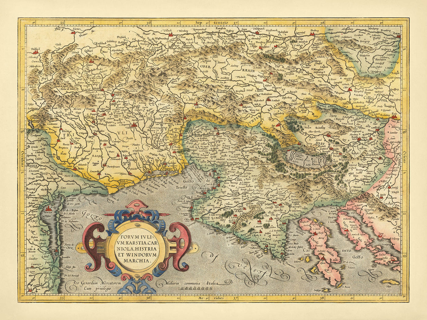 Alte Karte von Slowenien, Kroatien und Italien von Mercator, 1619: Ljubljana, Triest, Istrien, Karst, Golf von Venedig