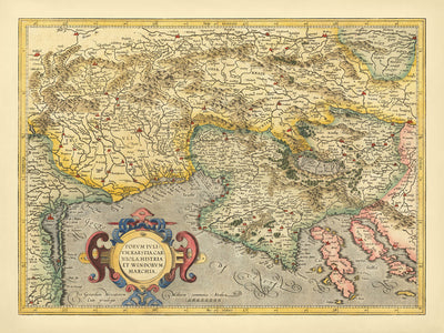 Ancienne carte de la Slovénie, de la Croatie et de l'Italie par Mercator, 1619 : Ljubljana, Trieste, Istrie, Karst, Golfe de Venise