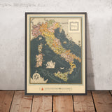 Antigua Mapa Pictórico de Italia por De Agostini, 1938: Roma, Milán, Venecia, Alpes, Regiones, Sicilia, Cerdeña, etc. 