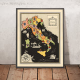 Ancienne carte picturale des capitales régionales d'Italie, 1938 : blason de la ville, Roma, Milano, Firenze, Venezia, Napoli, etc. 