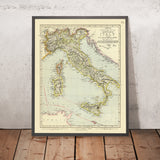 Alte Weinkarte von Italien, 1883: Rot- und Weißweinbau, Rom, Neapel, Venedig, Ätna, Apenninen 