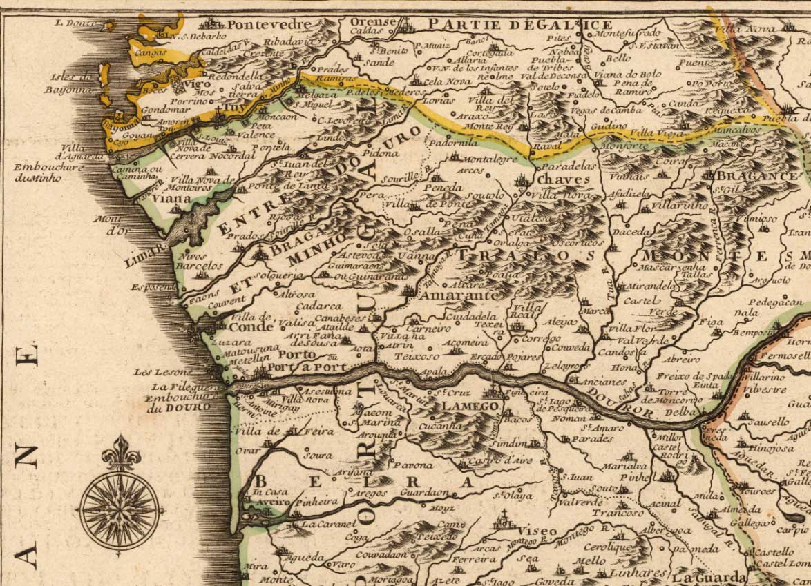 Old Map of Algarve & Gibraltar in 1742 by Nicolas de Fer - Cadiz, Malaga, Sevilla, Marbella, Lisbon, Portugal, Spain