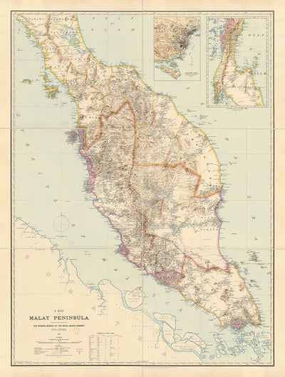 Ancienne carte de la péninsule malaise en 1898 par Cuylenburg & Stanford - Malaisie, Thaïlande, Singapour, Johor, Malacca
