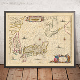 Antiguo mapa de Japón y Corea de Visscher, 1690: Tokio, Osaka, Sapporo, Pyongyang, Monte Fuji