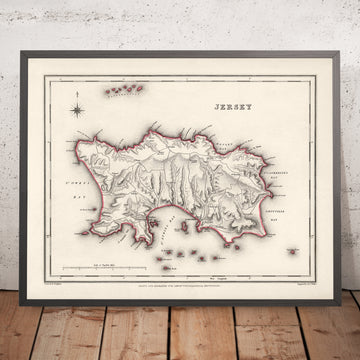 Alte Karte von Jersey von Samuel Lewis, 1844: St. Helier, St. Brelade, St. Clement, St. John, St. Lawrence 