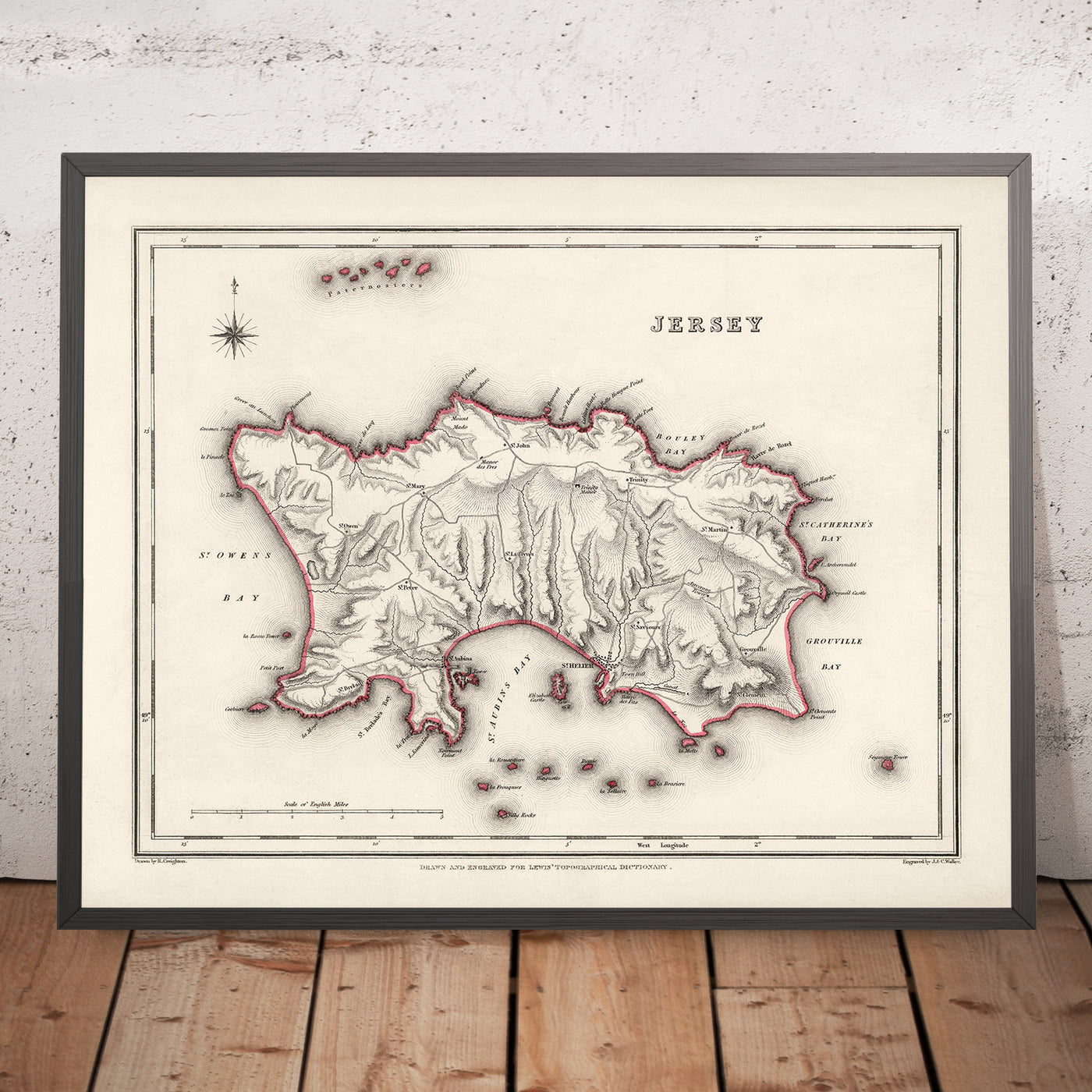 Old Map of Jersey by Samuel Lewis, 1844: St. Helier, St. Brelade, St. Clement, St. John, St. Lawrence