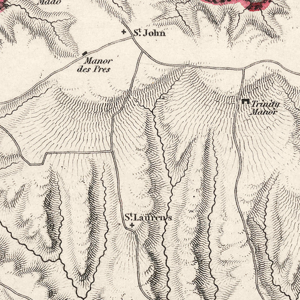 Old Map of Jersey by Samuel Lewis, 1844: St. Helier, St. Brelade, St. Clement, St. John, St. Lawrence