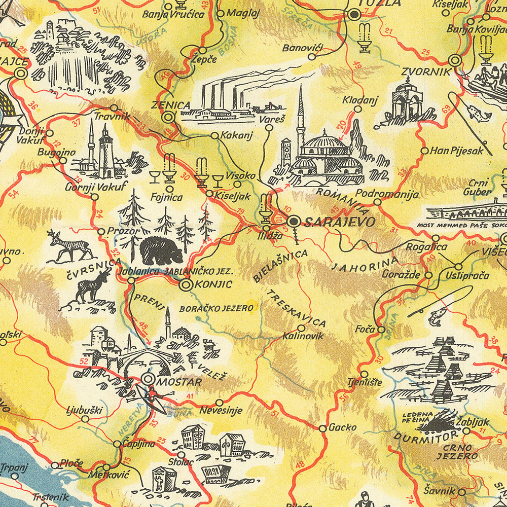 Mapa pictórico antiguo de Yugoslavia realizado por Kopac en 1959: Belgrado, Zagreb, mar Adriático, castillos y montañas