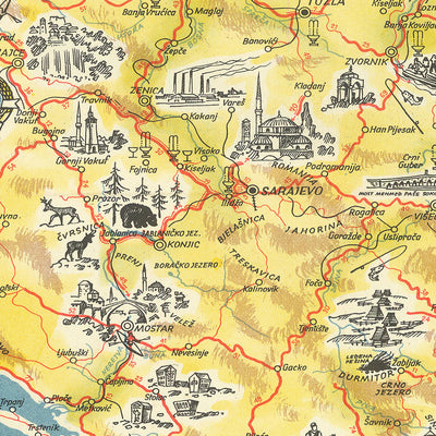 Ancienne carte illustrée de la Yougoslavie par Kopac, 1959 : Belgrade, Zagreb, mer Adriatique, châteaux, montagnes