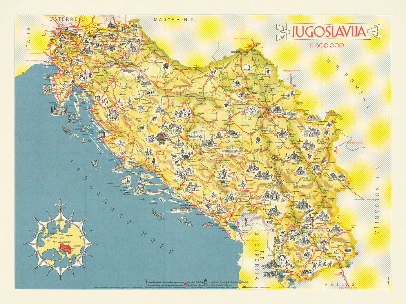 Mapa pictórico antiguo de Yugoslavia realizado por Kopac en 1959: Belgrado, Zagreb, mar Adriático, castillos y montañas