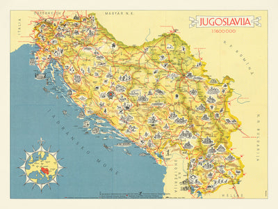 Alte Bildkarte Jugoslawiens von Kopac, 1959: Belgrad, Zagreb, Adria, Burgen, Berge