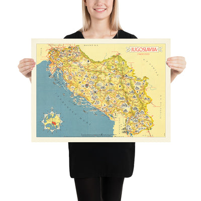 Mapa pictórico antiguo de Yugoslavia realizado por Kopac en 1959: Belgrado, Zagreb, mar Adriático, castillos y montañas