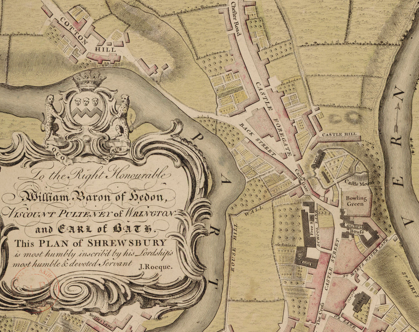 Ancienne carte de Shrewsbury en 1746 par John Rocque - Rivière Severn, Frankwell, Welsh Bridge, Stone Bridge, Bowling Green