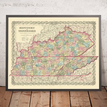 Antigua mapa de Kentucky y Tennessee por J. H. Colton, 1855: Louisville, Lexington, Frankfort, Covington y Bowling Green 