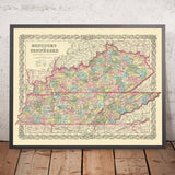 Old map of Kentucky & Tennessee by J. H. Colton, 1855: Louisville, Lexington, Frankfort, Covington, and Bowling Green