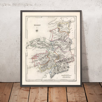 Mapa antiguo del condado de Kerry por Samuel Lewis, 1844: Tralee, Killarney, Dingle, Kenmare y Listowel