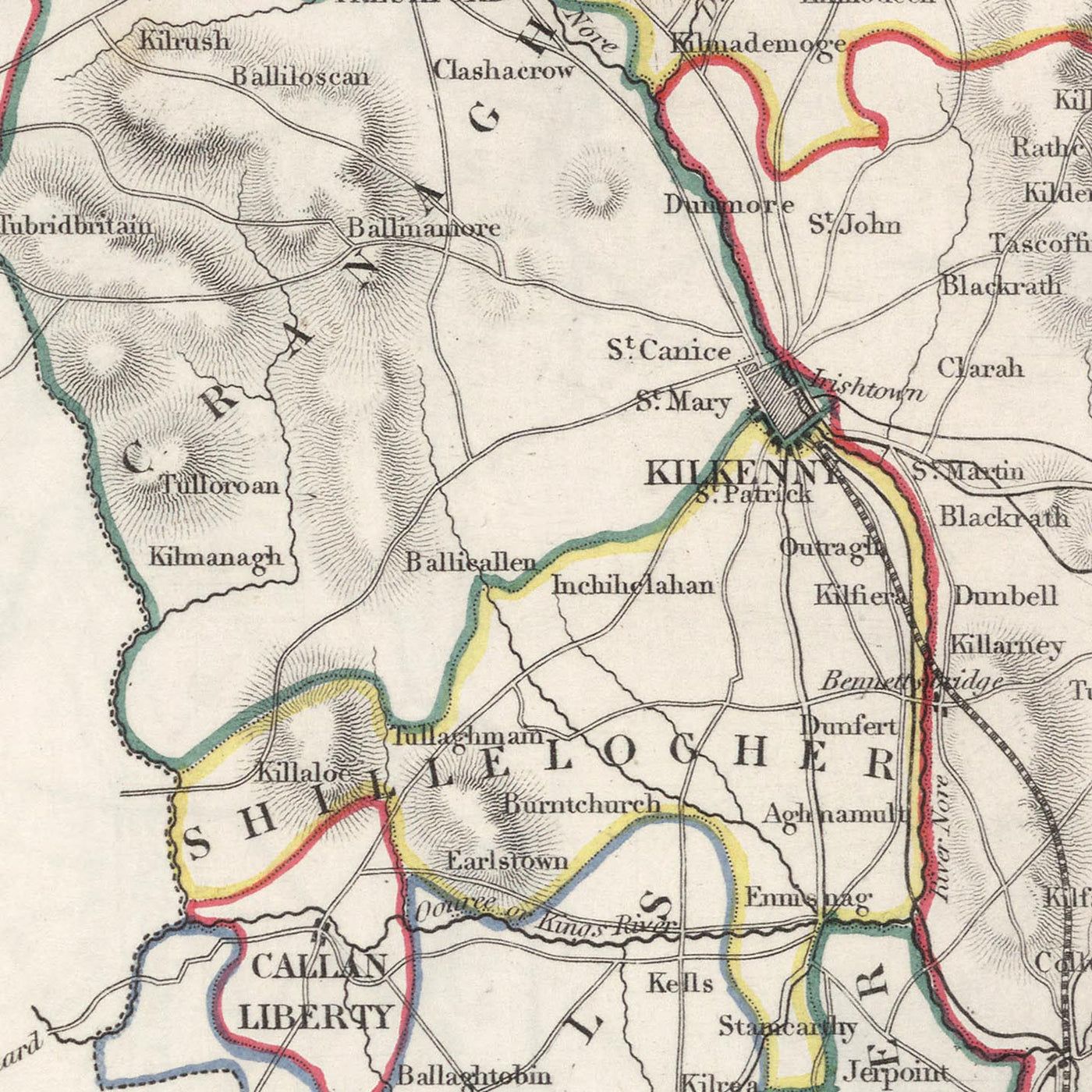 Alte Karte des Countys Kilkenny von Samuel Lewis, 1844: Thomastown, Callan, Castlecomer, Graiguenamanagh, Jerpoint Abbey 