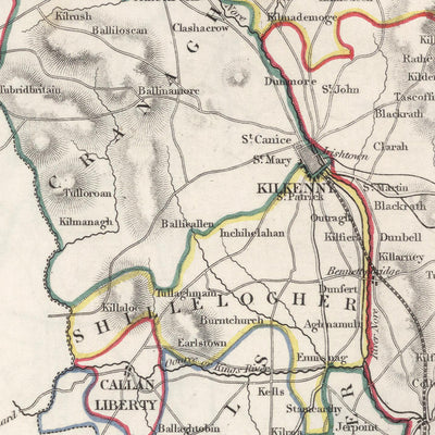 Alte Karte des Countys Kilkenny von Samuel Lewis, 1844: Thomastown, Callan, Castlecomer, Graiguenamanagh, Jerpoint Abbey 