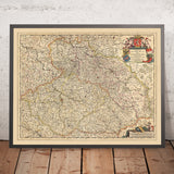 Old Map of Kingdom of Bohemia by Visscher, 1690: Prague, Brno, Ostrava, Wroclaw, Poznań