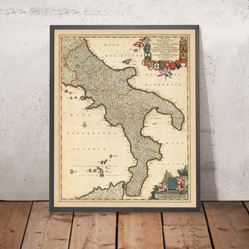 Antica mappa del Regno di Napoli, Italia di Visscher, 1690: Napoli, Bari, Messina, Salerno, Parco Nazionale del Gargano 