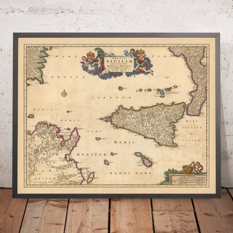 Mappa antica del Regno di Sicilia di Visscher, 1690: Palermo, Catania, Tunisi, Malta, Parco dell&