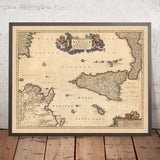 Ancienne carte du royaume de Sicile par Visscher, 1690 : Palerme, Catane, Tunis, Malte, Parco dell'Etna