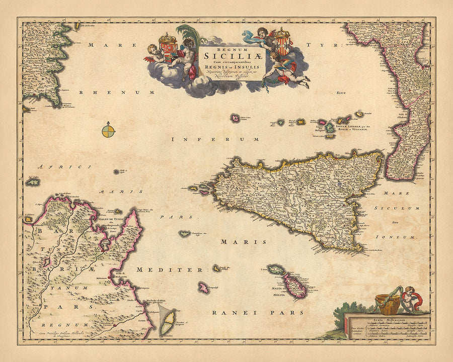 Mappa antica del Regno di Sicilia di Visscher, 1690: Palermo, Catania, Tunisi, Malta, Parco dell&