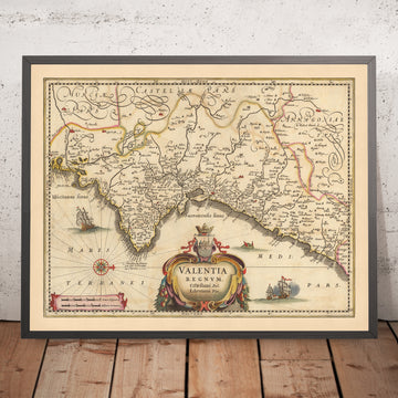 Old Map of the Kingdom of Valencia, Spain by Visscher, 1690: Murcia, Valencia, Alicante, Dénia, Castellón de la Plana