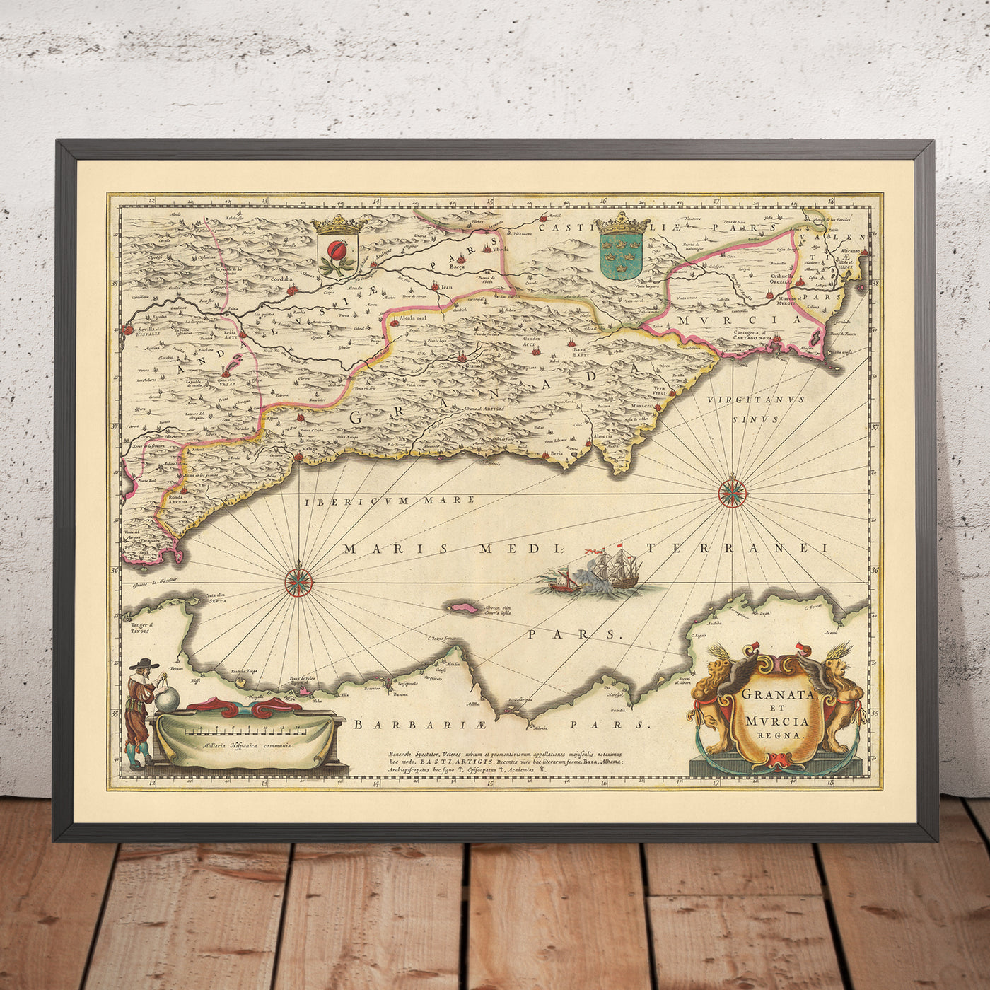 Ancienne carte des royaumes de Grenade et de Murcie, Espagne par Visscher, 1690 : Málaga, Gibraltar, Séville, Murcie, Tanger