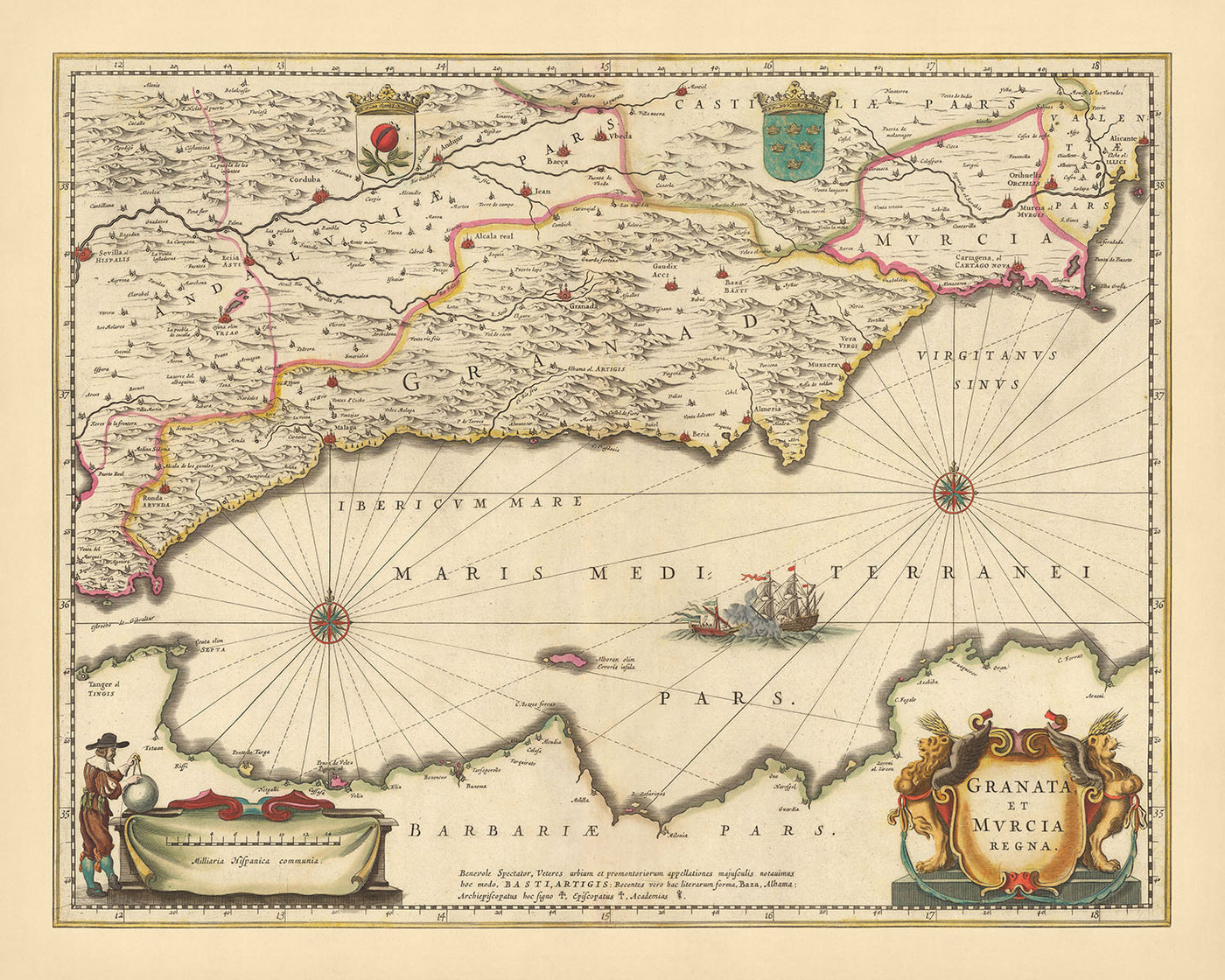 Ancienne carte des royaumes de Grenade et de Murcie, Espagne par Visscher, 1690 : Málaga, Gibraltar, Séville, Murcie, Tanger