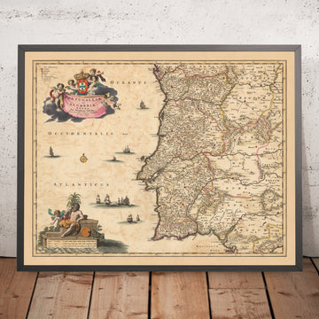 Mappa antica dei regni di Portogallo e Algarve di Visscher, 1690: Lisbona, Porto, Siviglia, Salamanca, Serra da Estrela 