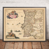 Alte Karte der Königreiche Portugal & Algarve von Visscher, 1690: Lissabon, Porto, Sevilla, Salamanca, Serra da Estrela 
