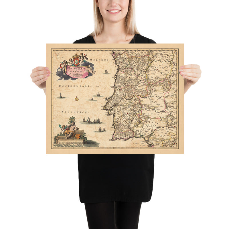Alte Karte der Königreiche Portugal und Algarve von Visscher, 1690: Lissabon, Porto, Sevilla, Salamanca, Serra da Estrela