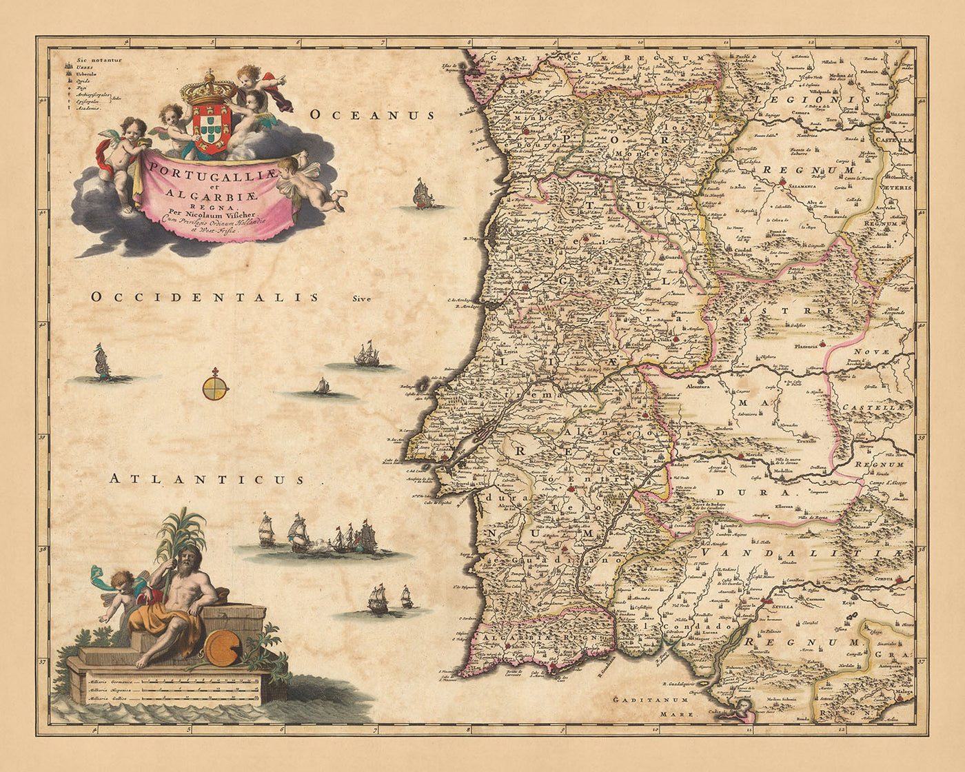 Mapa antiguo de los Reinos de Portugal y Algarve de Visscher, 1690: Lisboa, Oporto, Sevilla, Salamanca, Serra da Estrela