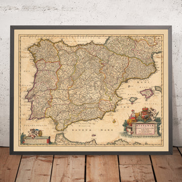 Mappa antica dei regni di Spagna e Portogallo di Visscher, 1690: Madrid, Lisbona, Barcellona, Gibilterra, Porto 