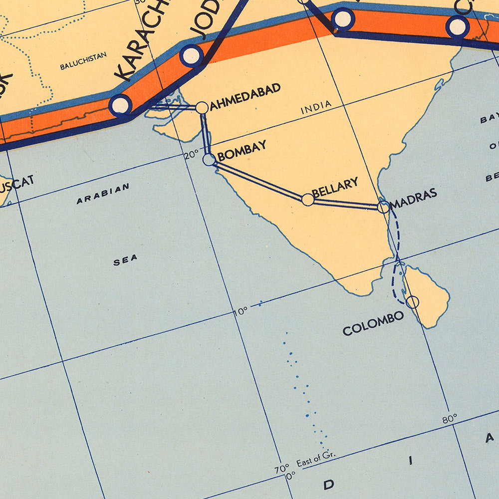 Old KLM Map of Amsterdam to Batavia (Jakarta), 1934: Airline Routes, Twice Weekly Service