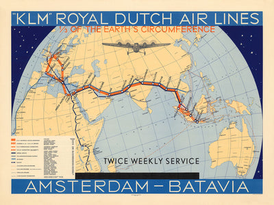 Alte Karte von KLM Amsterdam nach Batavia, 1934: Flugrouten, zweimal wöchentlicher Service, bildliche Gestaltung