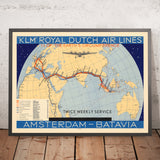 Antigua mapa de KLM de Ámsterdam a Batavia (Yakarta), 1934: Rutas aéreas, servicio dos veces por semana 
